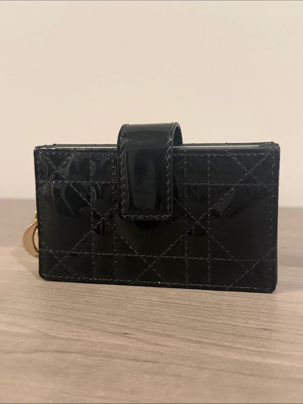Lady Dior Black Patent Quilted Card & Key Holder with Gold Charm